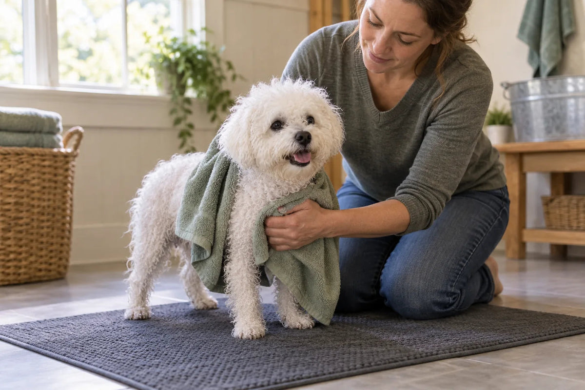 Adult gently towel drying a Bichon Frise on a nonslip floor mat