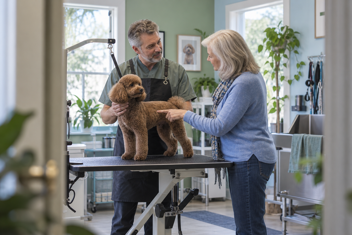 Groomer and pet parent discussing a poodle's coat during a salon consultation