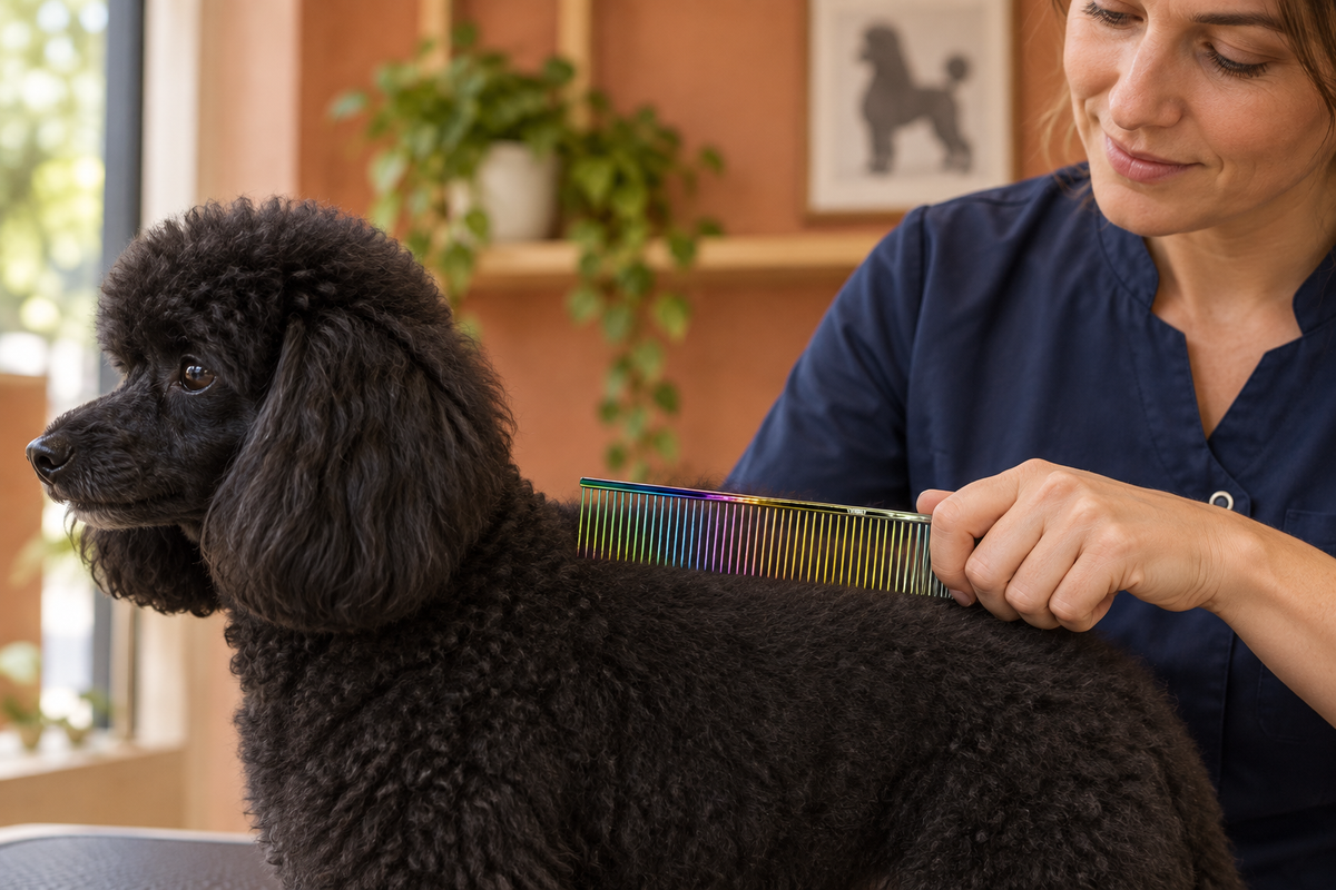 Groomer holding a VUNRO rainbow comb securely while checking a black poodle's dry coat