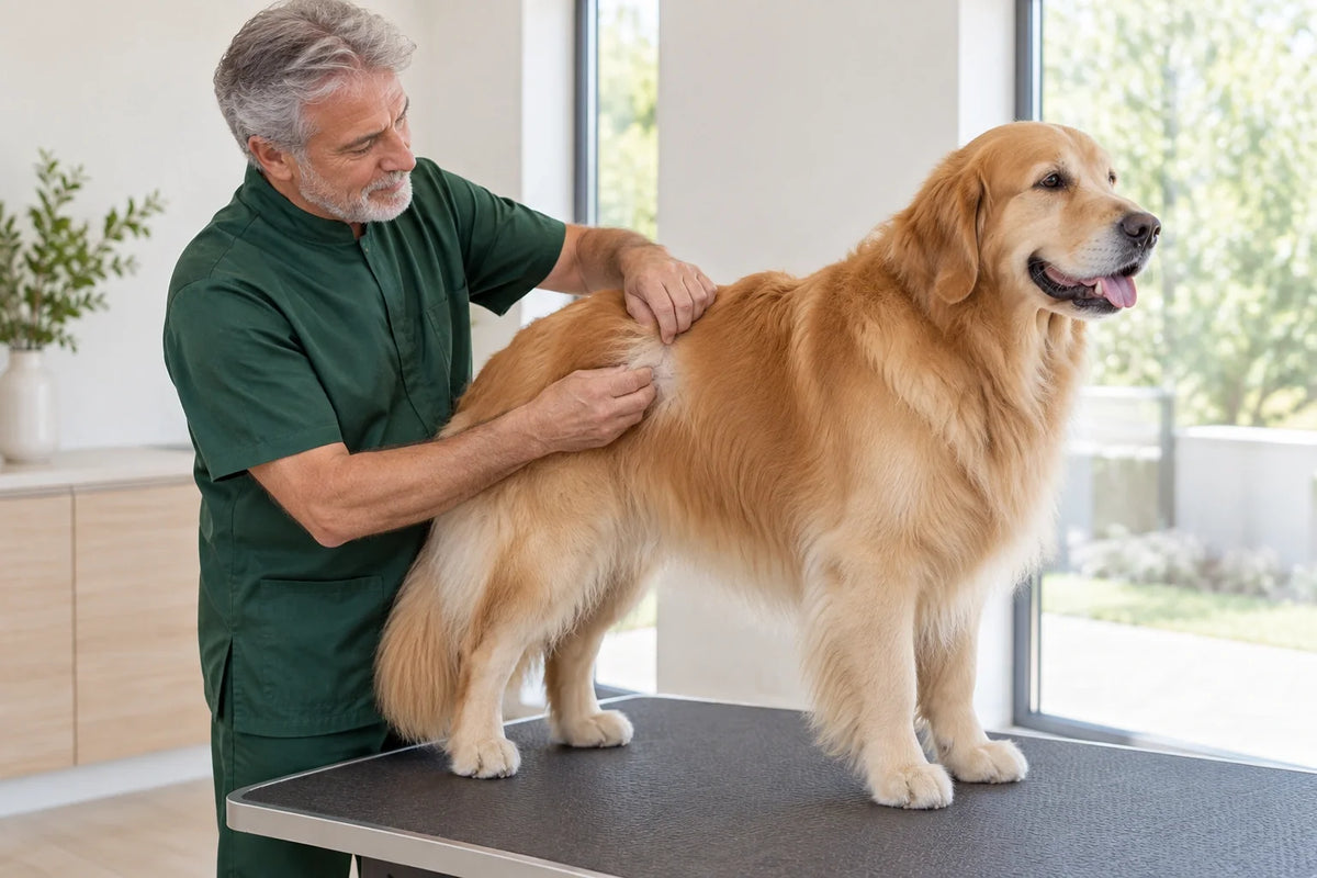 Experienced groomer calmly assessing the relaxed double coat of a dog without cutting