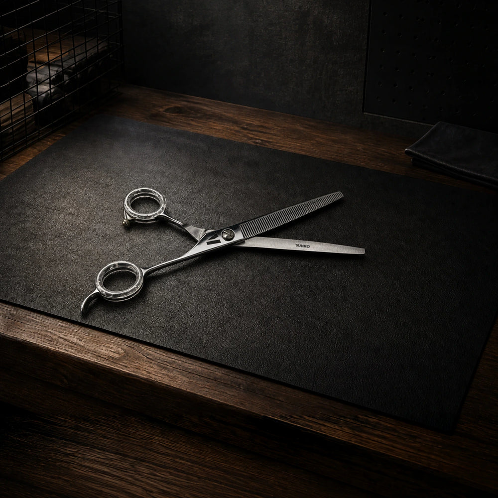 7.0" Precision Thinners Dog Grooming Scissors (VG10) photographed on the VUNRO professional workbench